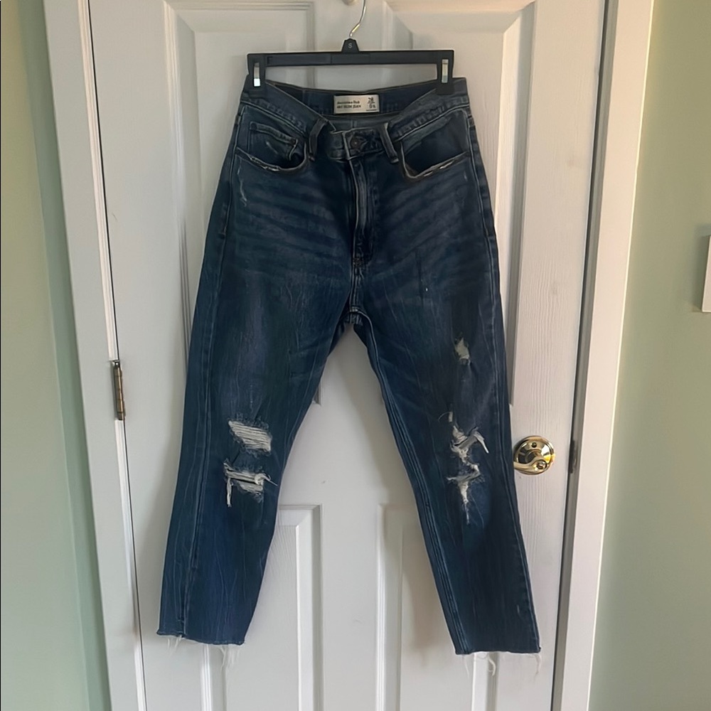 A&F Blue Distressed Mom Jeans
